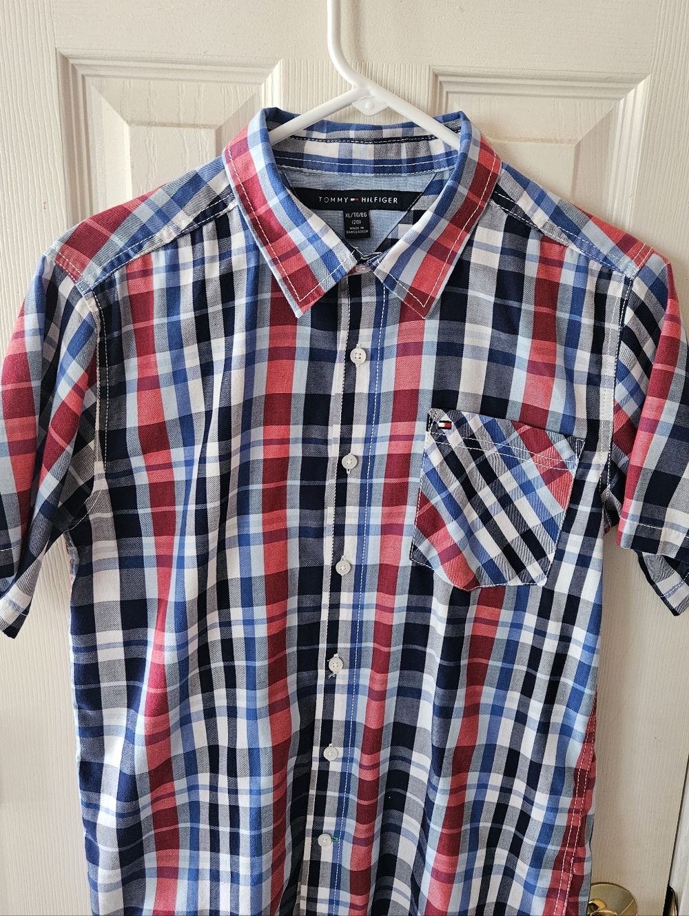 Tommy Hilfiger Red, Blue & White Plaid Short-Sleeve Button-Down Shirt